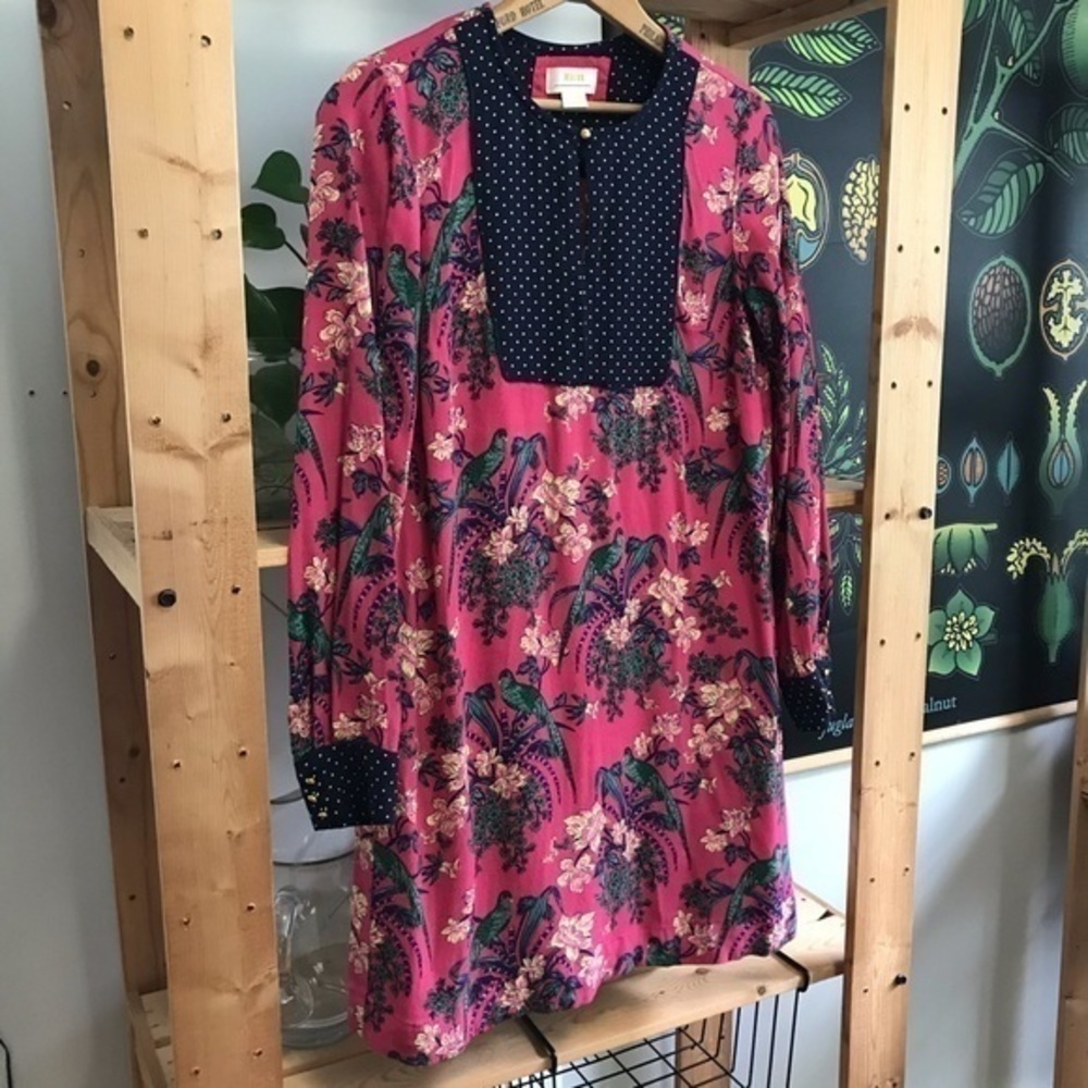 Anthropologie Maeve Pink Navy Blue Floral Bird Print Long Sleeve Tunic Dress 4 - Picture 3 of 13